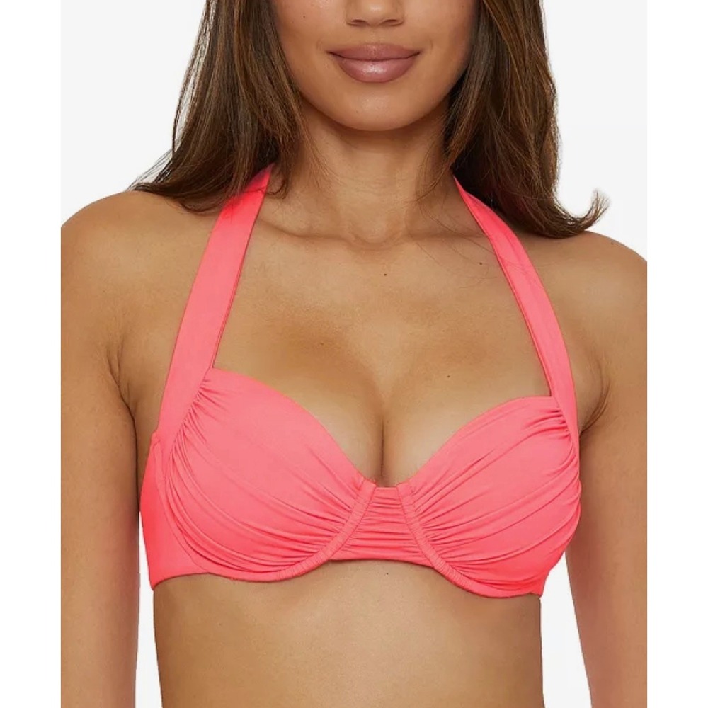 NWT BECCA Bikini Top Womens Pink Ruched Underwire Front Tie Swimwear D Cup $88